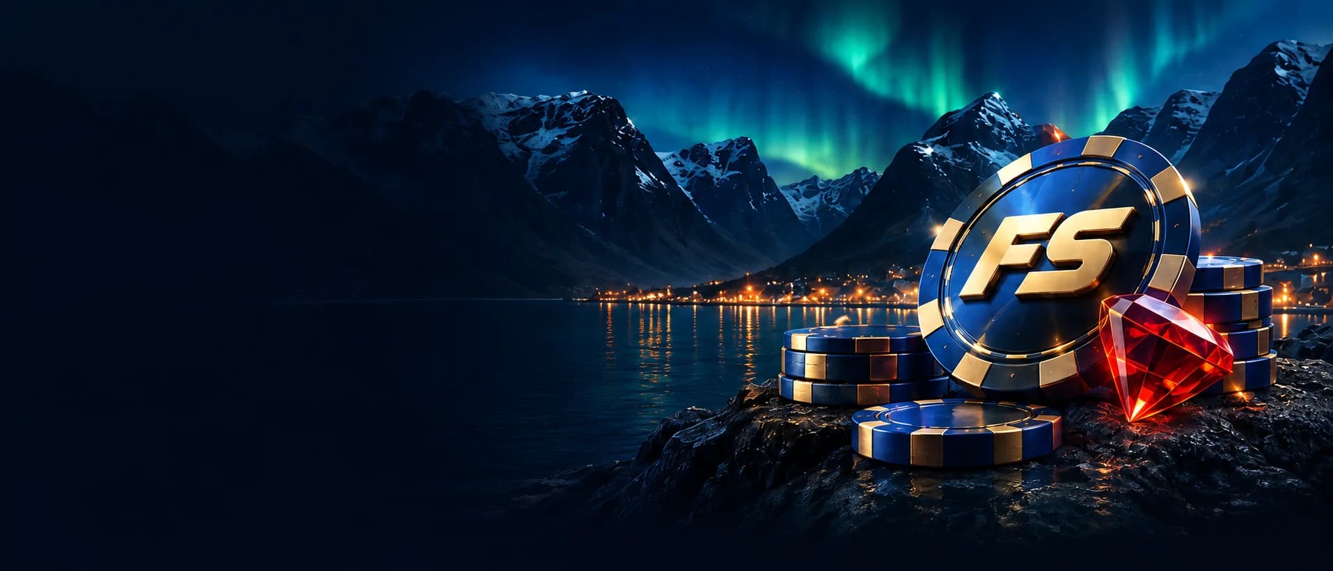 Blå og gullfargede FS Casino-sjetonger ved en norsk fjord under nordlyset
